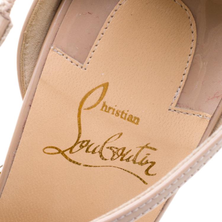 Pre Owned Christian Louboutin Beige Patent Leather and PVC Crossettinetta Cross Strap Sandals Size 40.5