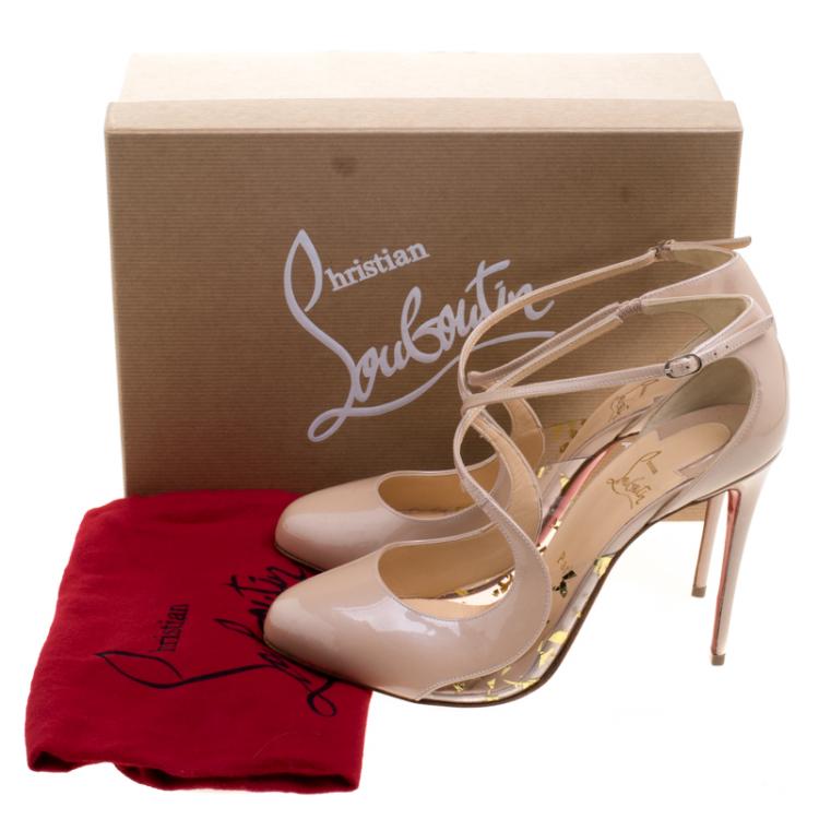 Pre Owned Christian Louboutin Beige Patent Leather and PVC Crossettinetta Cross Strap Sandals Size 40.5