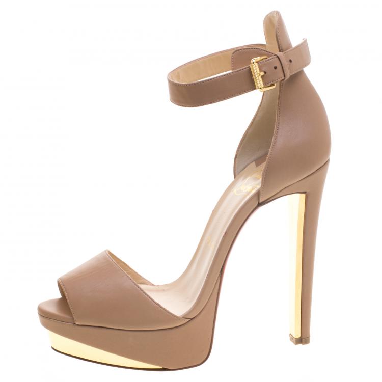 Pre Owned Christian Louboutin Beige Leather Tuctopen Ankle Strap Platform D'orsay Pumps Size 39.5