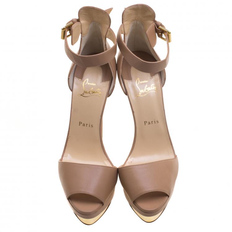 Pre Owned Christian Louboutin Beige Leather Tuctopen Ankle Strap Platform D'orsay Pumps Size 39.5