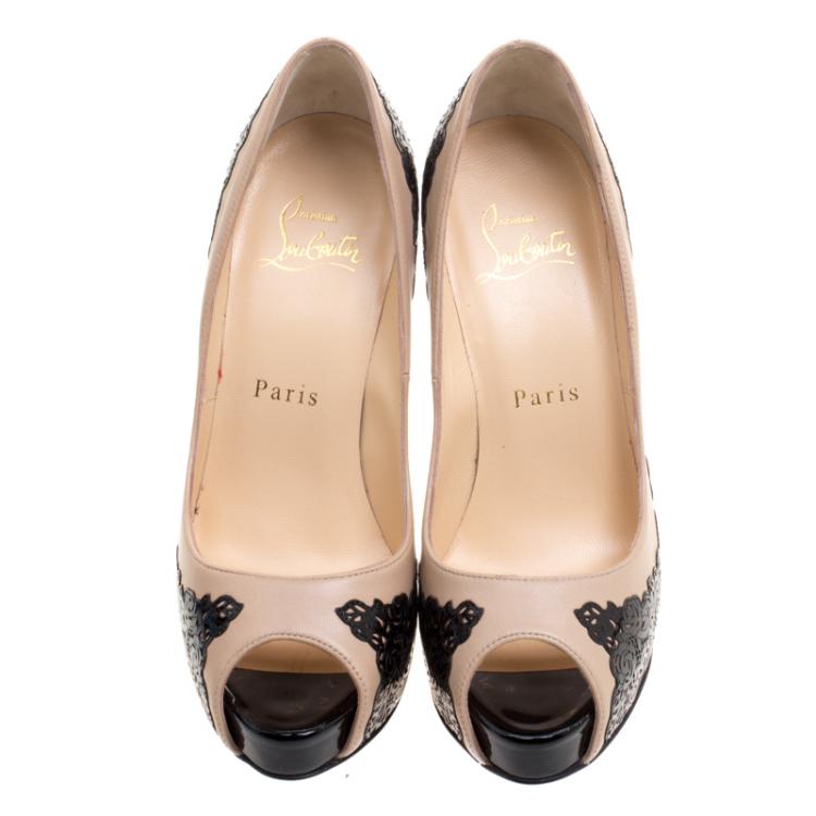 Pre Owned Christian Louboutin Two Tone Laser Cut Lace Patent Leather Veramucha Peep Toe Pumps Size 35