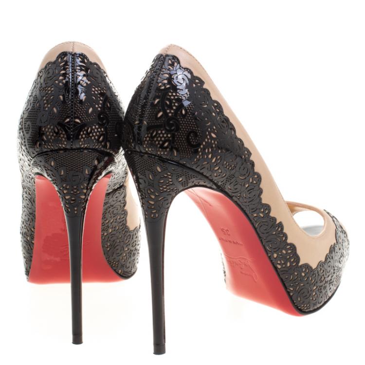 Pre Owned Christian Louboutin Two Tone Laser Cut Lace Patent Leather Veramucha Peep Toe Pumps Size 35