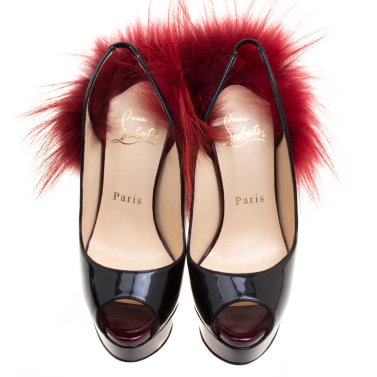 Pre Owned Christian Louboutin Two Tone Patent Leather Lady Fur Peep Toe Slingback Sandals Size 35.5