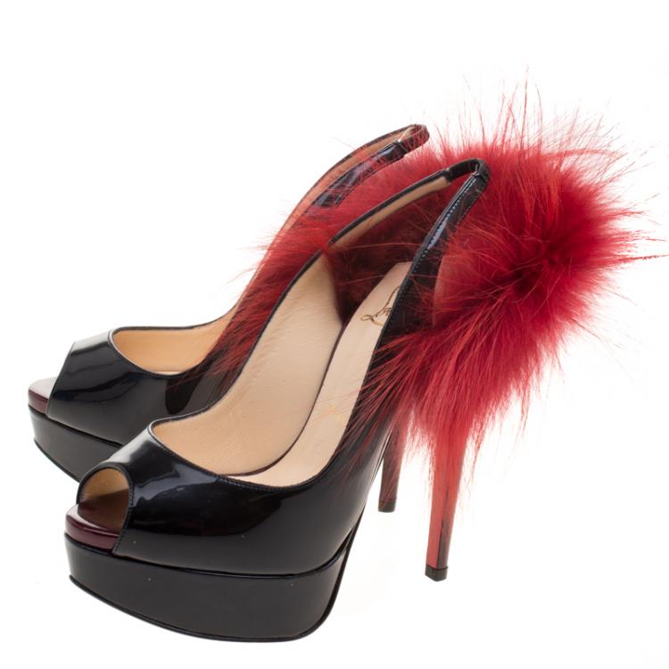 Pre Owned Christian Louboutin Two Tone Patent Leather Lady Fur Peep Toe Slingback Sandals Size 35.5
