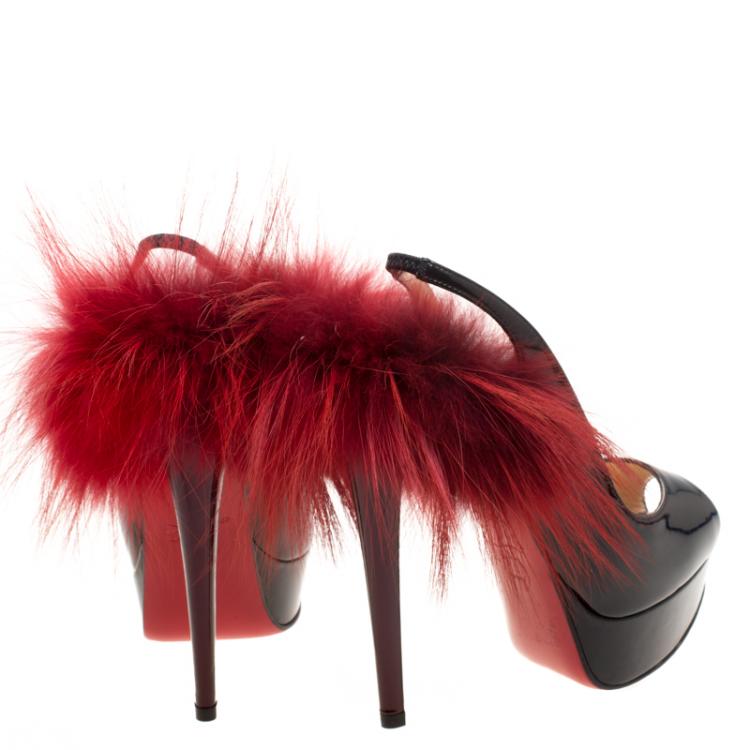 Pre Owned Christian Louboutin Two Tone Patent Leather Lady Fur Peep Toe Slingback Sandals Size 35.5