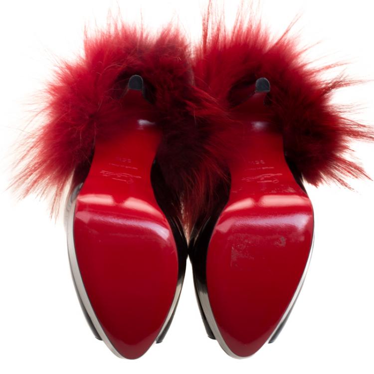 Pre Owned Christian Louboutin Two Tone Patent Leather Lady Fur Peep Toe Slingback Sandals Size 35.5