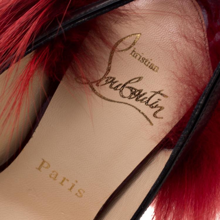 Pre Owned Christian Louboutin Two Tone Patent Leather Lady Fur Peep Toe Slingback Sandals Size 35.5