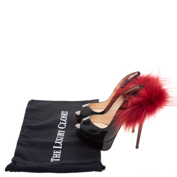 Pre Owned Christian Louboutin Two Tone Patent Leather Lady Fur Peep Toe Slingback Sandals Size 35.5