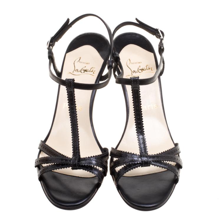 Pre Owned Christian Louboutin Black Brogue Leather T-Strap Sandals Size 40