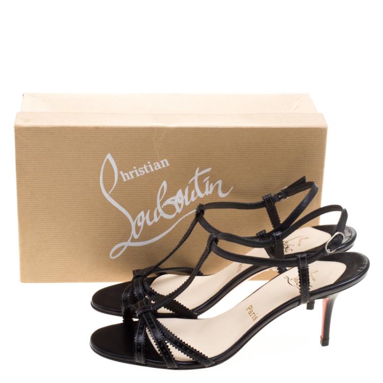 Pre Owned Christian Louboutin Black Brogue Leather T-Strap Sandals Size 40