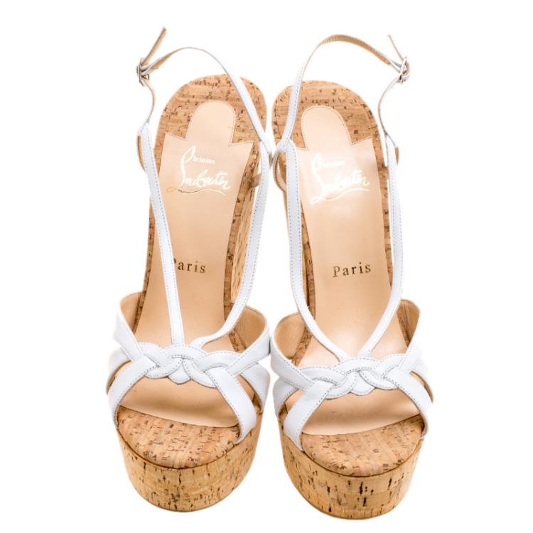 مملوكة مسبقًا Christian Louboutin White Leather Wedgy Lady Strappy Sandals Size 39
