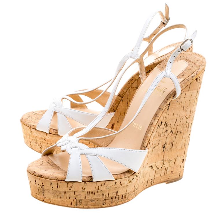 مملوكة مسبقًا Christian Louboutin White Leather Wedgy Lady Strappy Sandals Size 39