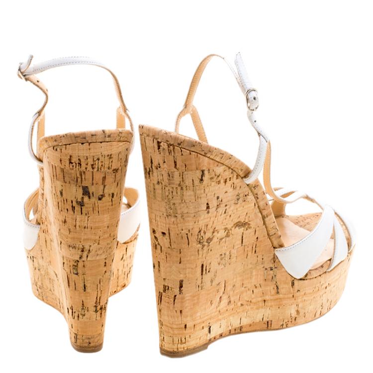 مملوكة مسبقًا Christian Louboutin White Leather Wedgy Lady Strappy Sandals Size 39