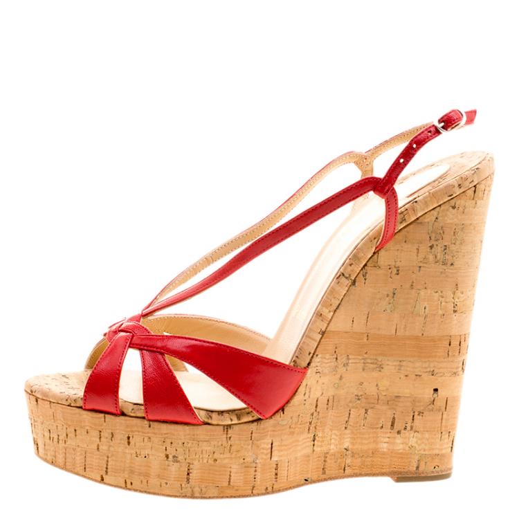 Pre Owned Christian Louboutin Red Leather Wedgy Lady Strappy Sandals Size 38.5