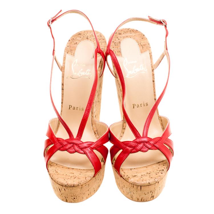 Pre Owned Christian Louboutin Red Leather Wedgy Lady Strappy Sandals Size 38.5