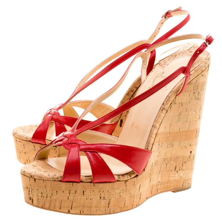 Pre Owned Christian Louboutin Red Leather Wedgy Lady Strappy Sandals Size 38.5