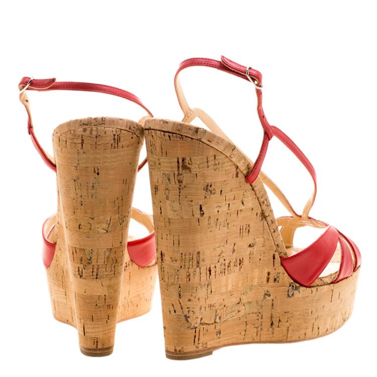Pre Owned Christian Louboutin Red Leather Wedgy Lady Strappy Sandals Size 38.5