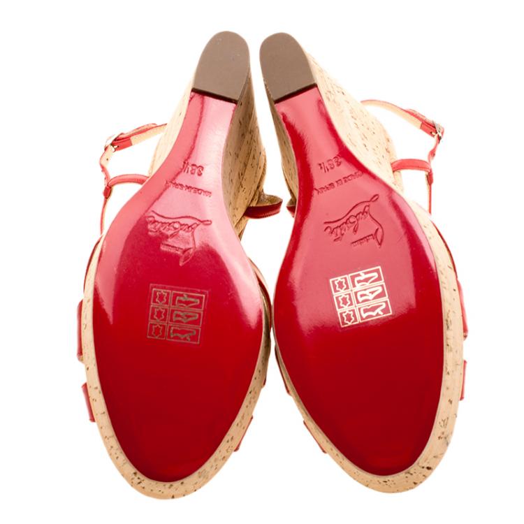 Pre Owned Christian Louboutin Red Leather Wedgy Lady Strappy Sandals Size 38.5