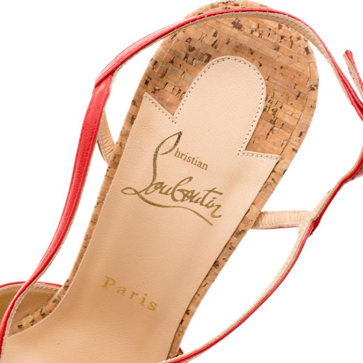 Pre Owned Christian Louboutin Red Leather Wedgy Lady Strappy Sandals Size 38.5