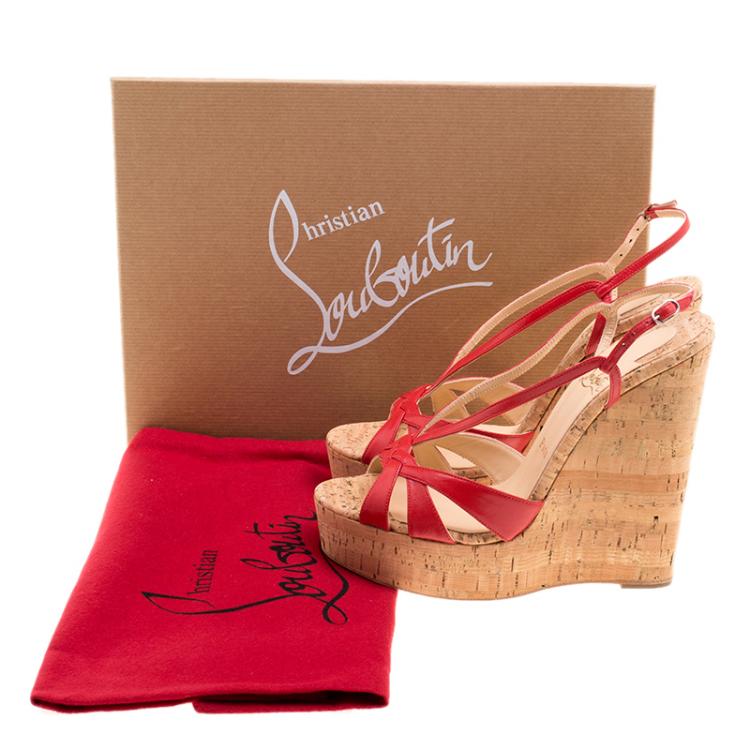 Pre Owned Christian Louboutin Red Leather Wedgy Lady Strappy Sandals Size 38.5