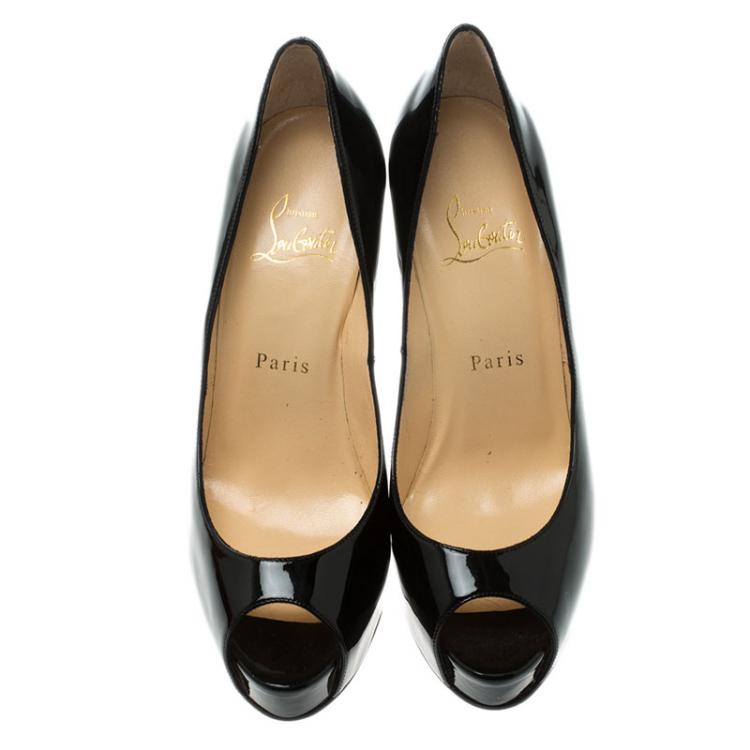 Pre Owned Christian Louboutin Black Patent Leather Miss Desprez Chain Detail Metal Heel Peep Toe Pumps Size 37.5