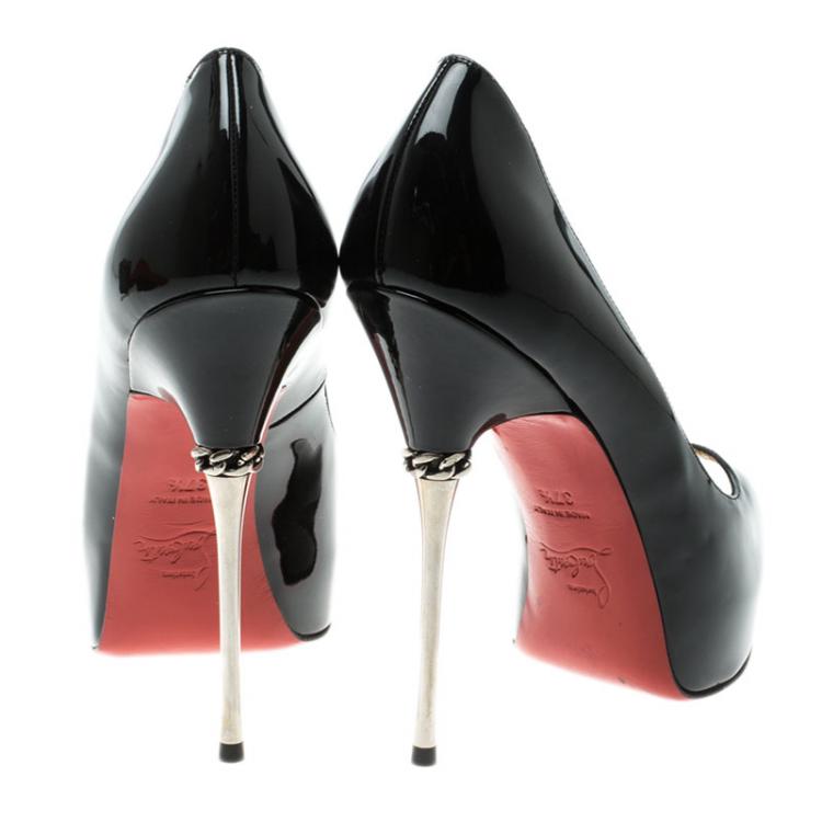 Pre Owned Christian Louboutin Black Patent Leather Miss Desprez Chain Detail Metal Heel Peep Toe Pumps Size 37.5