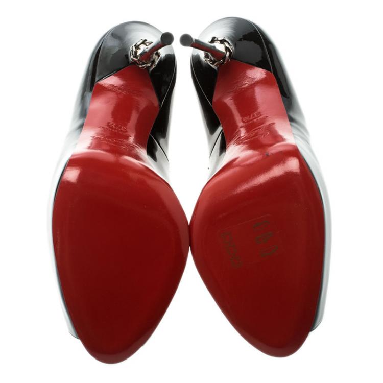 Pre Owned Christian Louboutin Black Patent Leather Miss Desprez Chain Detail Metal Heel Peep Toe Pumps Size 37.5