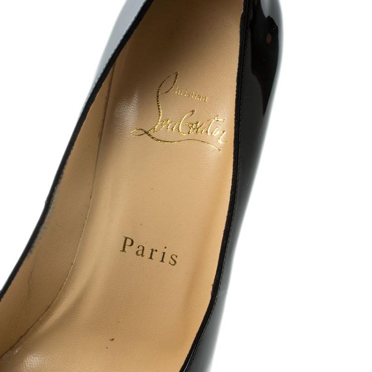 Pre Owned Christian Louboutin Black Patent Leather Miss Desprez Chain Detail Metal Heel Peep Toe Pumps Size 37.5