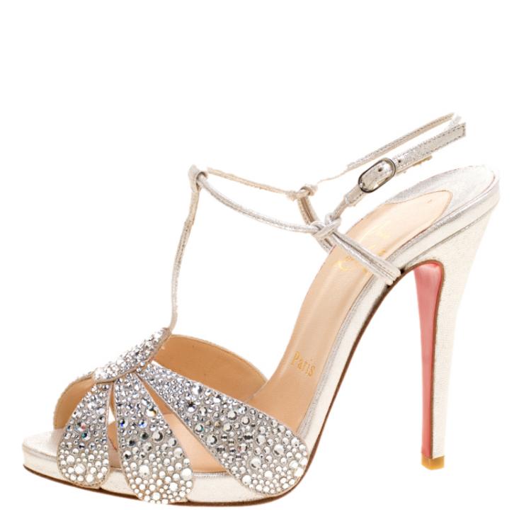 Pre Owned Christian Louboutin Metallic Silver Crystal Studded Suede Margi Diams Sandals Size 35