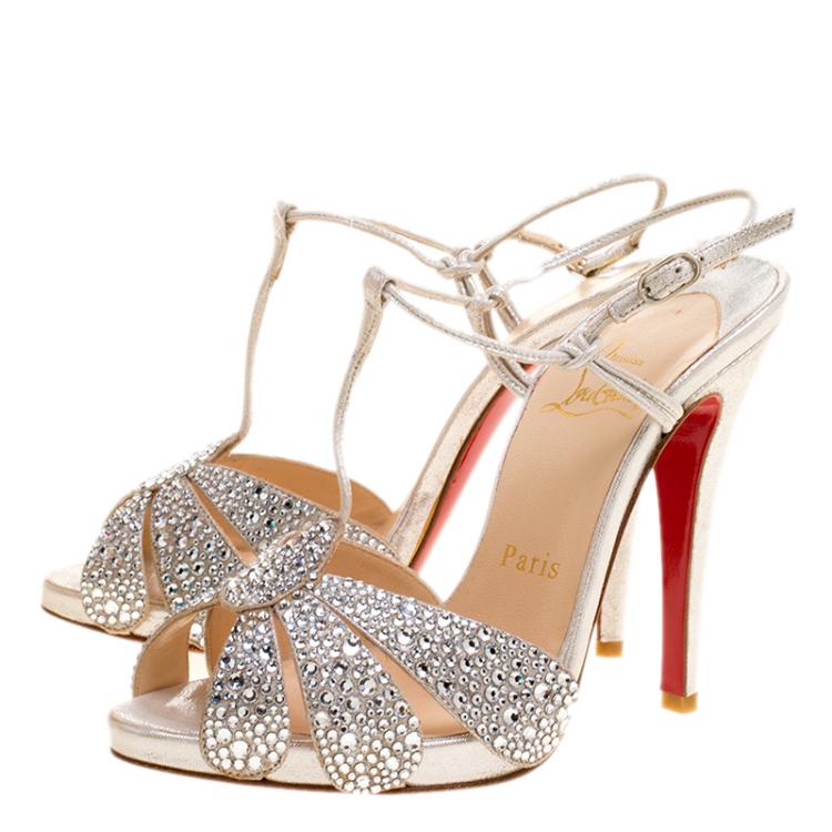 Pre Owned Christian Louboutin Metallic Silver Crystal Studded Suede Margi Diams Sandals Size 35