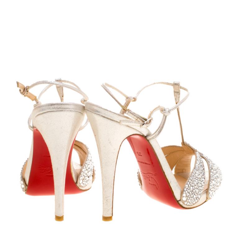 Pre Owned Christian Louboutin Metallic Silver Crystal Studded Suede Margi Diams Sandals Size 35