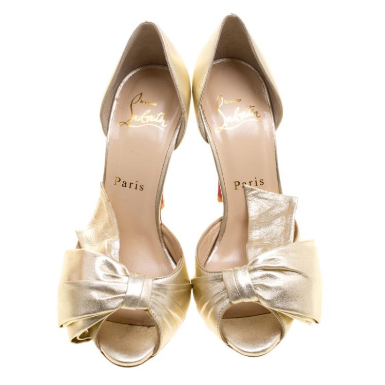 Pre Owned Christian Louboutin Metallic Gold Leather Bow T Dorcet Peep Toe Sandals Size 35