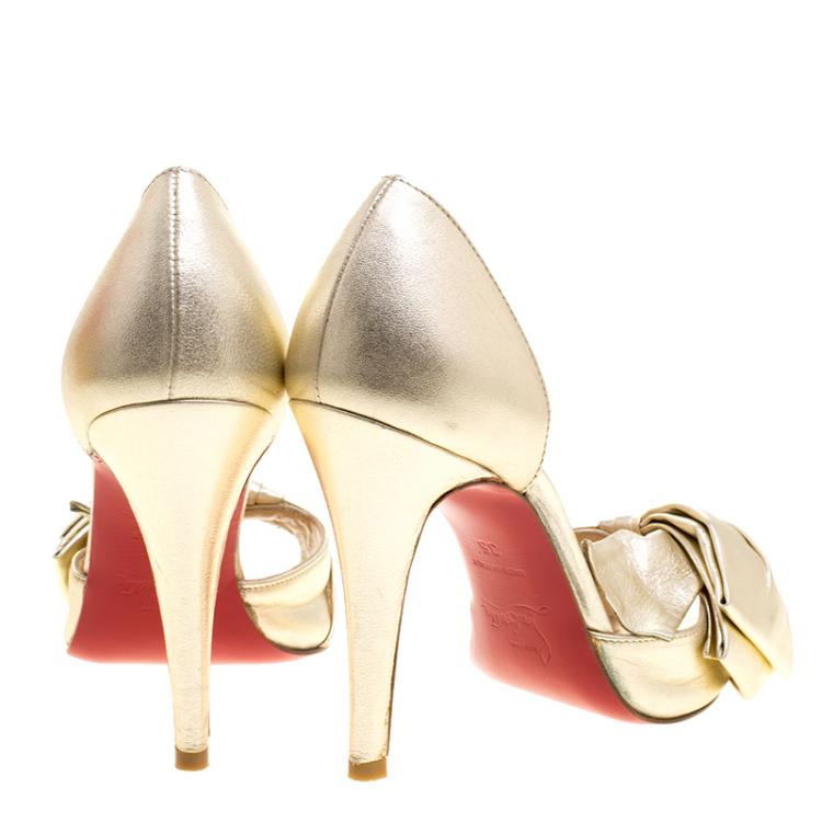 Pre Owned Christian Louboutin Metallic Gold Leather Bow T Dorcet Peep Toe Sandals Size 35