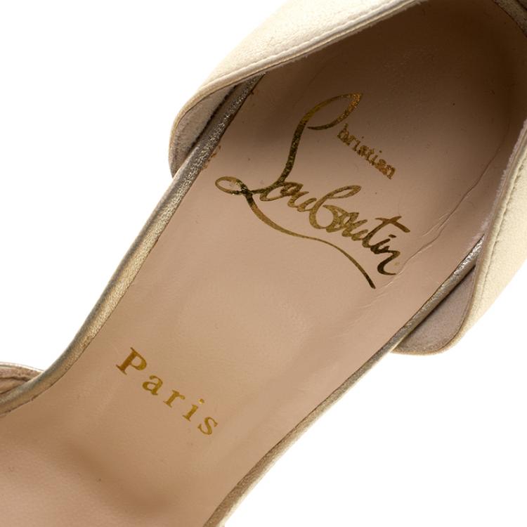 Pre Owned Christian Louboutin Metallic Gold Leather Bow T Dorcet Peep Toe Sandals Size 35
