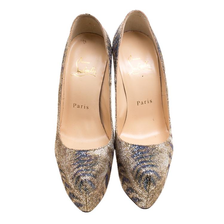 Pre Owned Christian Louboutin Metallic Printed Lamè Fabric Sirene Daffodile Platform Pumps Size 35