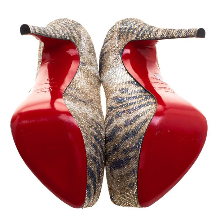 Pre Owned Christian Louboutin Metallic Printed Lamè Fabric Sirene Daffodile Platform Pumps Size 35