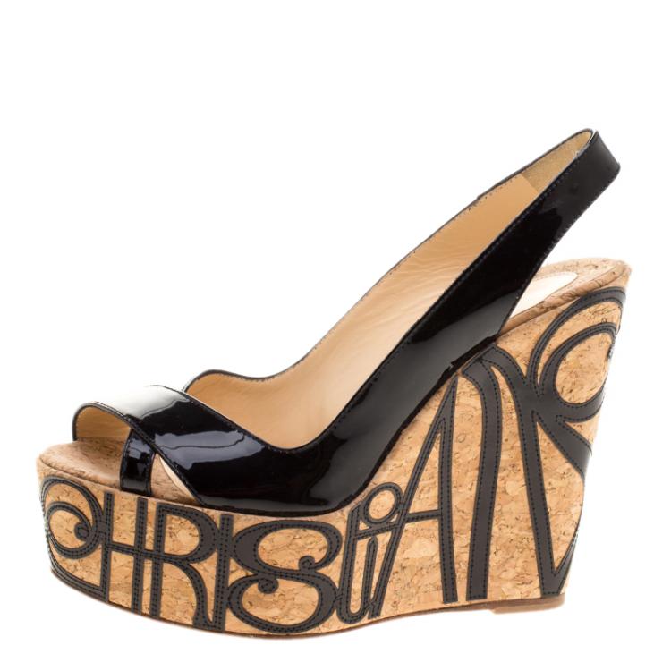 Pre Owned Christian Louboutin Black Patent Leather Marpop Slingback Cork Wedge Sandals Size 38