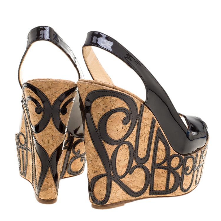 Pre Owned Christian Louboutin Black Patent Leather Marpop Slingback Cork Wedge Sandals Size 38