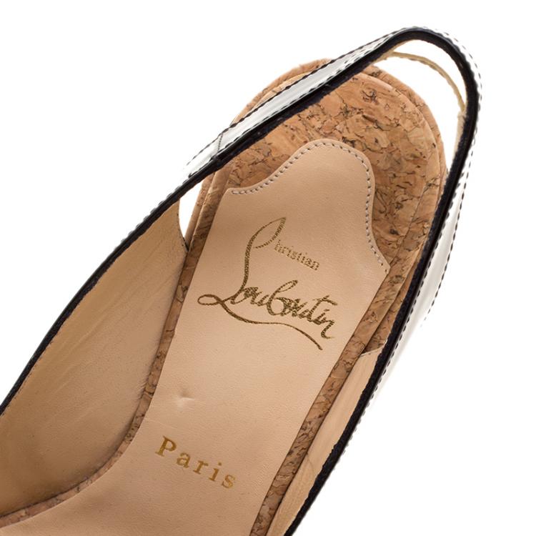 Pre Owned Christian Louboutin Black Patent Leather Marpop Slingback Cork Wedge Sandals Size 38