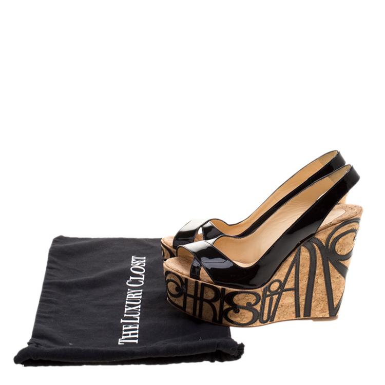 Pre Owned Christian Louboutin Black Patent Leather Marpop Slingback Cork Wedge Sandals Size 38