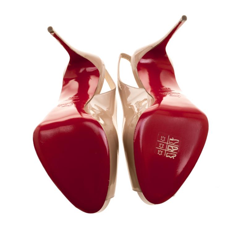Pre Owned Christian Louboutin Beige Patent Leather Private Number Peep Toe Slingback Sandals Size 39.5
