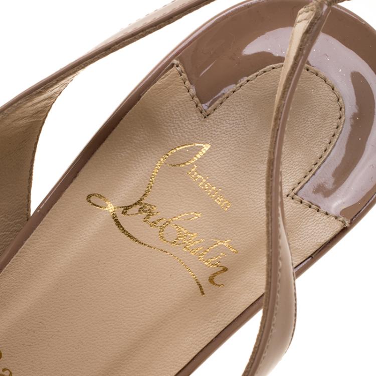 Pre Owned Christian Louboutin Beige Patent Leather Private Number Peep Toe Slingback Sandals Size 39.5
