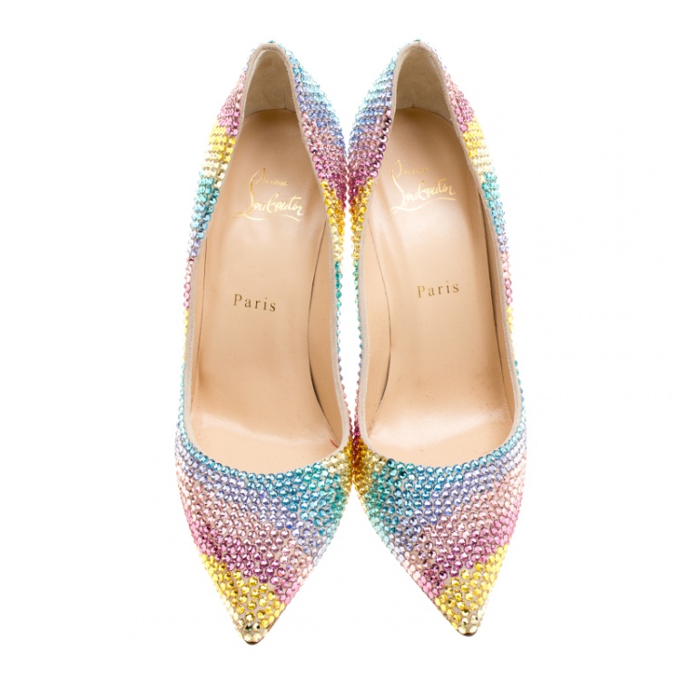 Pre Owned Christian Louboutin Multicolor Crystal Embelllished Suede Rainbow Strass Pointed Toe Pumps Size 38