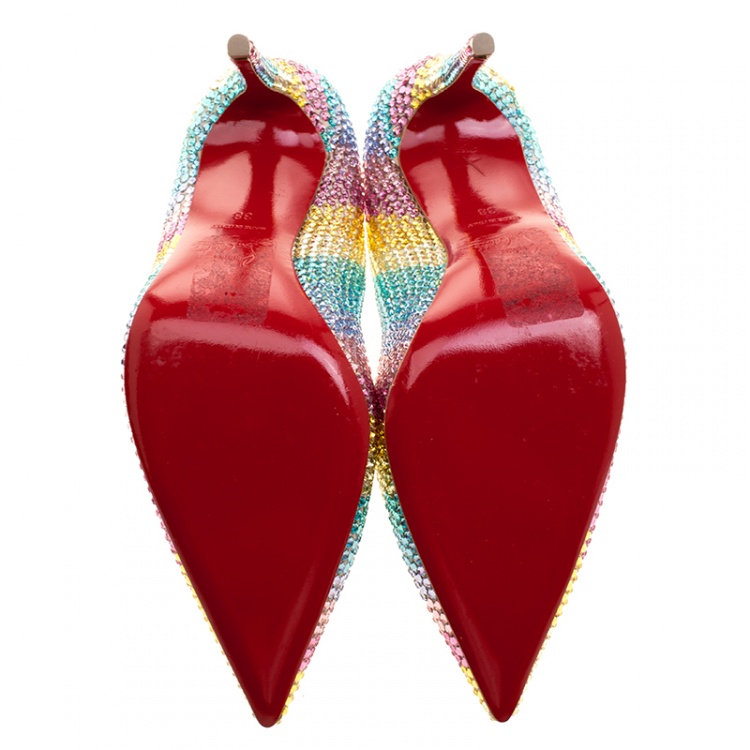 Pre Owned Christian Louboutin Multicolor Crystal Embelllished Suede Rainbow Strass Pointed Toe Pumps Size 38