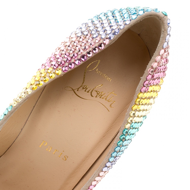 Pre Owned Christian Louboutin Multicolor Crystal Embelllished Suede Rainbow Strass Pointed Toe Pumps Size 38
