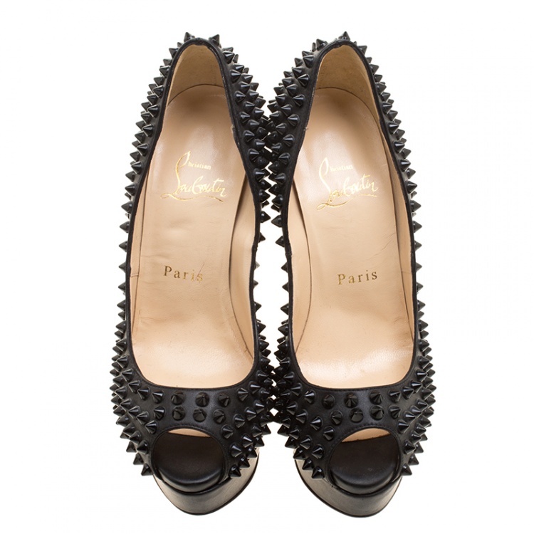 Pre Owned Christian Louboutin Black Leather Lady Peep Spikes Platform Pumps Size 35.5