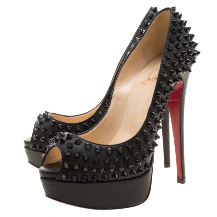 Pre Owned Christian Louboutin Black Leather Lady Peep Spikes Platform Pumps Size 35.5