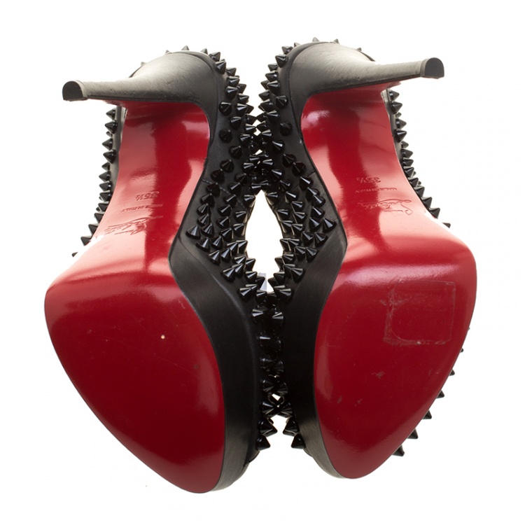 Pre Owned Christian Louboutin Black Leather Lady Peep Spikes Platform Pumps Size 35.5