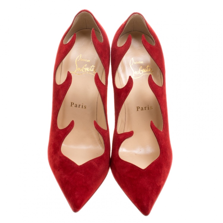 Pre Owned Christian Louboutin Red Suede Olavague Flame Pointed Toe Pumps Size 36.5