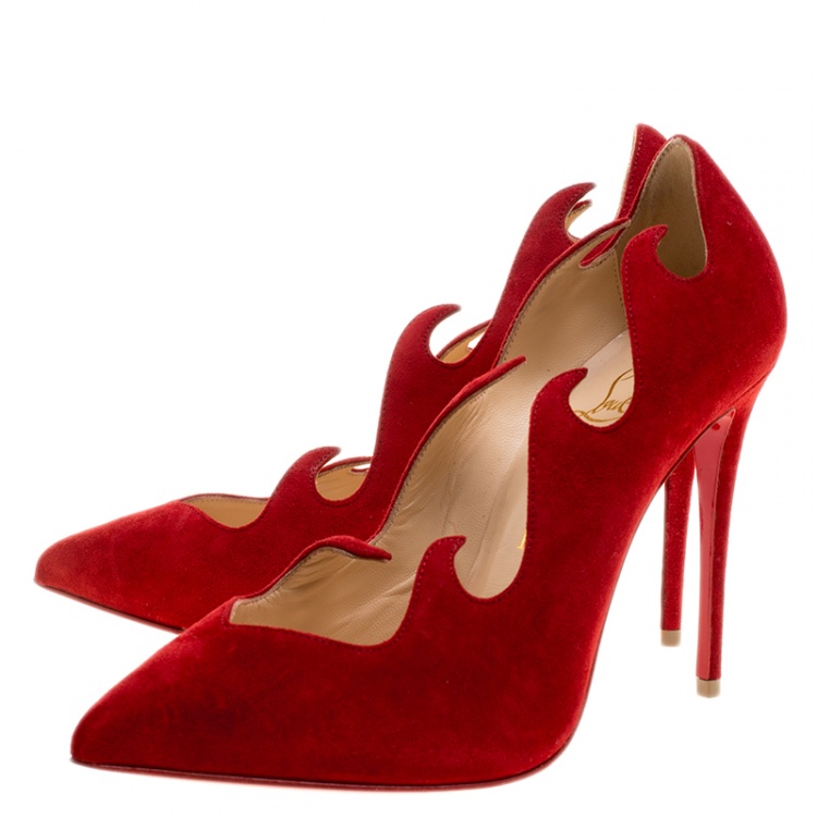 Pre Owned Christian Louboutin Red Suede Olavague Flame Pointed Toe Pumps Size 36.5
